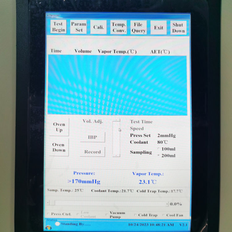 Pantalla del aparato de destilaci&oacute;n al vac&iacute;o ASTM D1160